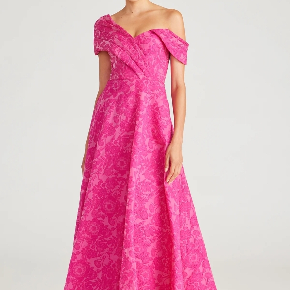 Theia Pink One Shoulder Short Sleeve Gown